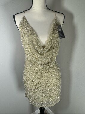 Retrofête Mich Sequin Dress Nude Gold Cowl Neck Mini S NWT